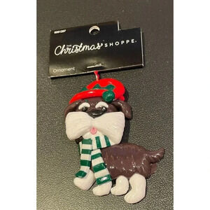 Grey White Schnauzer Dog Puppy Christmas Holiday Ornament Red Hat Scarf Clay NEW